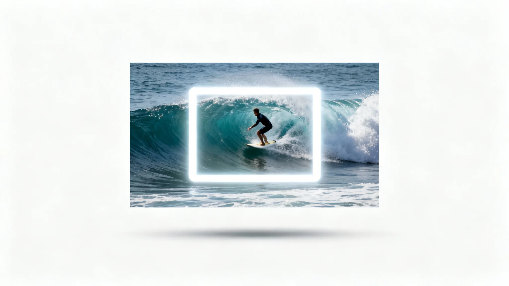 A conceptual image illustrating video cropping, showing a video still of a surfer with a glowing white rectangle superimposed, indicating the cropped section.