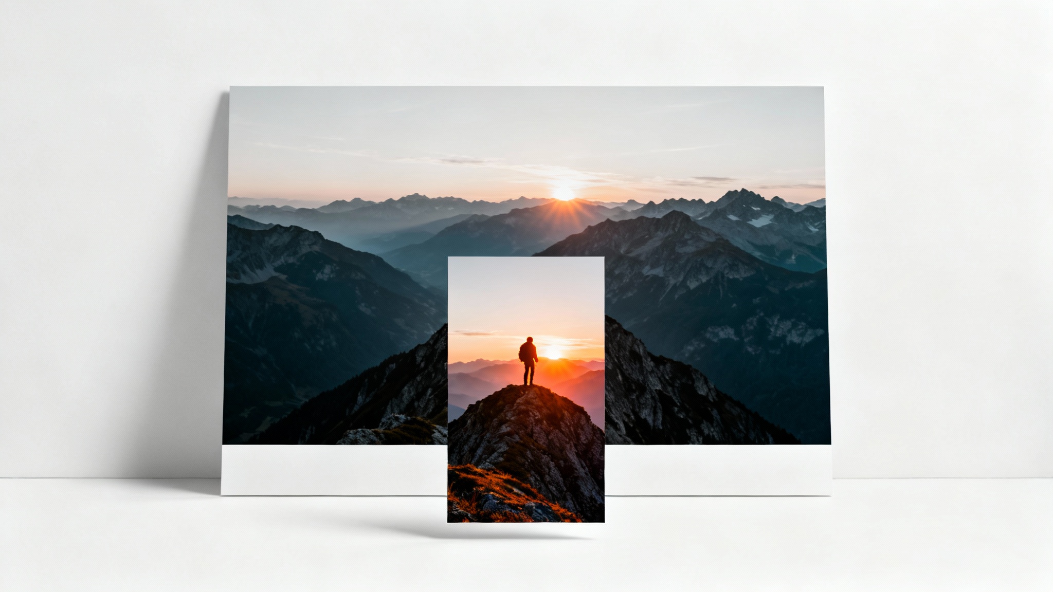 A conceptual image demonstrating video cropping, showing a large mountain landscape photo with a smaller, focused frame overlaid, which contains a close-up of a hiker from the original scene.