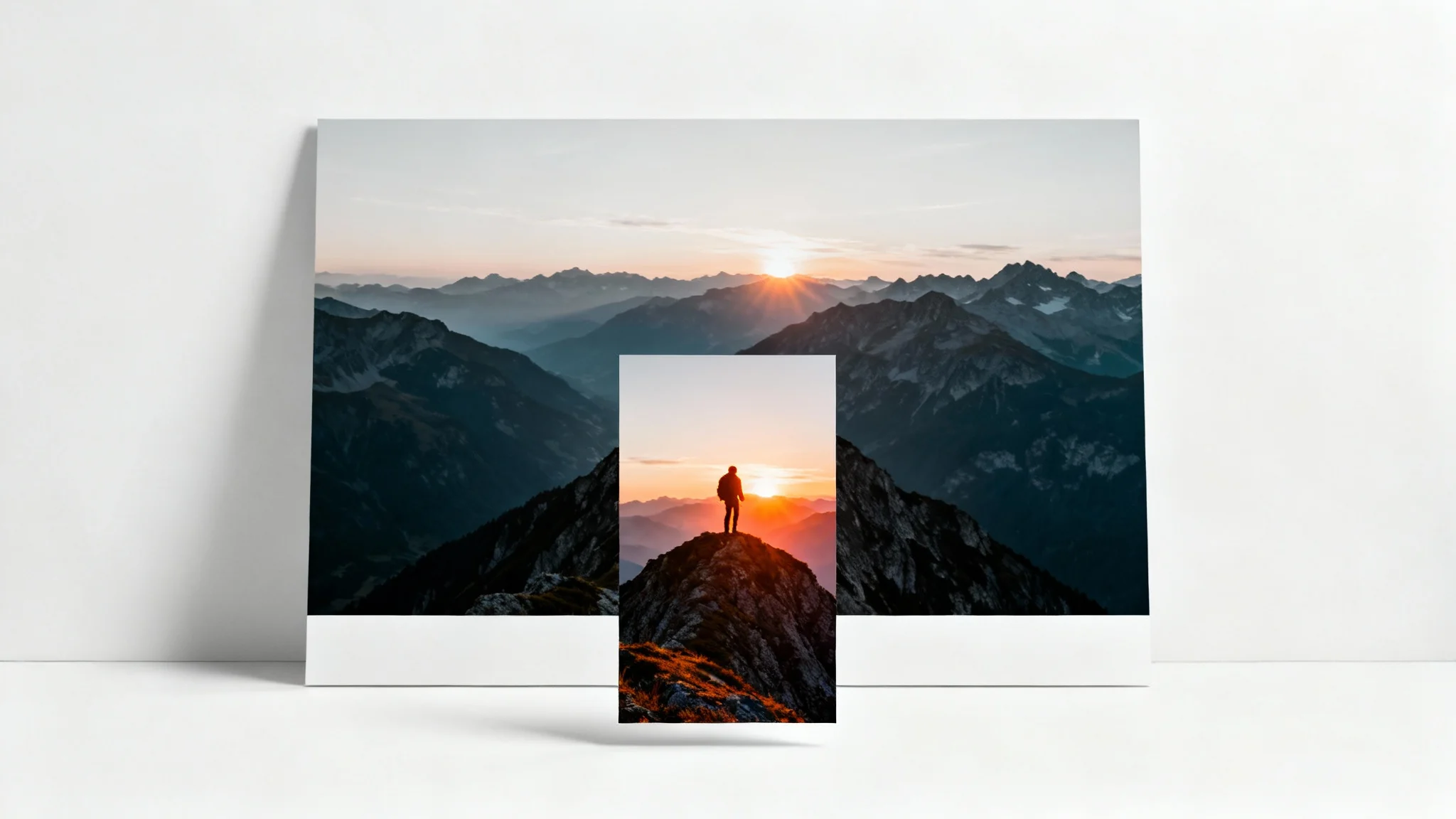 A conceptual image demonstrating video cropping, showing a large mountain landscape photo with a smaller, focused frame overlaid, which contains a close-up of a hiker from the original scene.