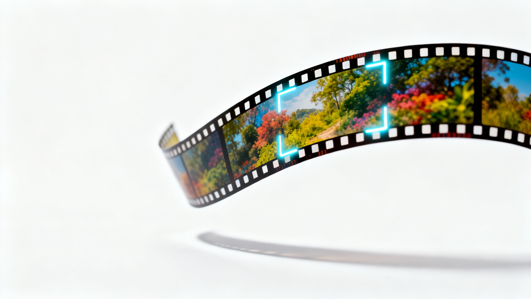 A conceptual image illustrating video cropping, showing a strip of film with glowing crop marks over it on a white background.