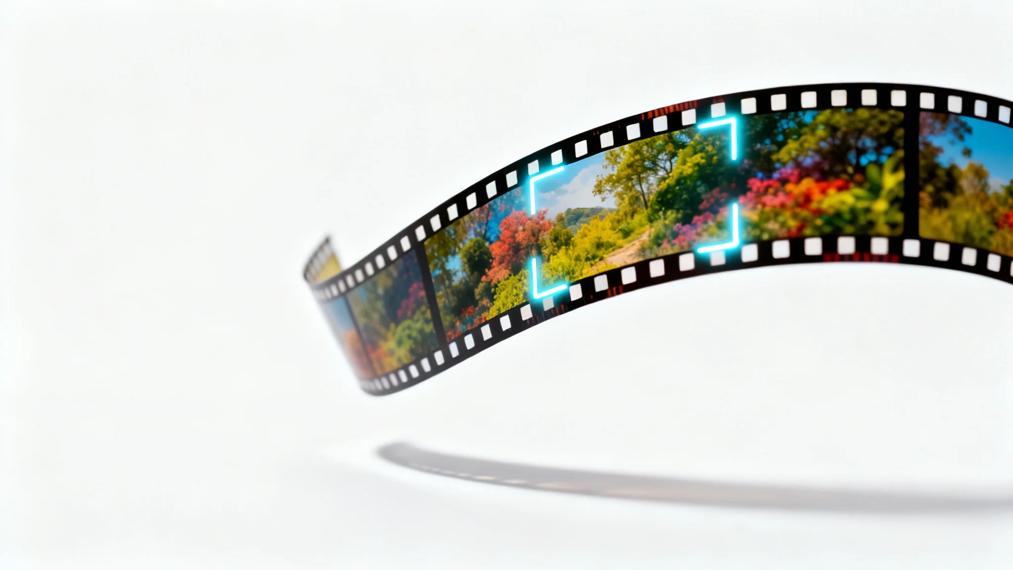 A conceptual image illustrating video cropping, showing a strip of film with glowing crop marks over it on a white background.
