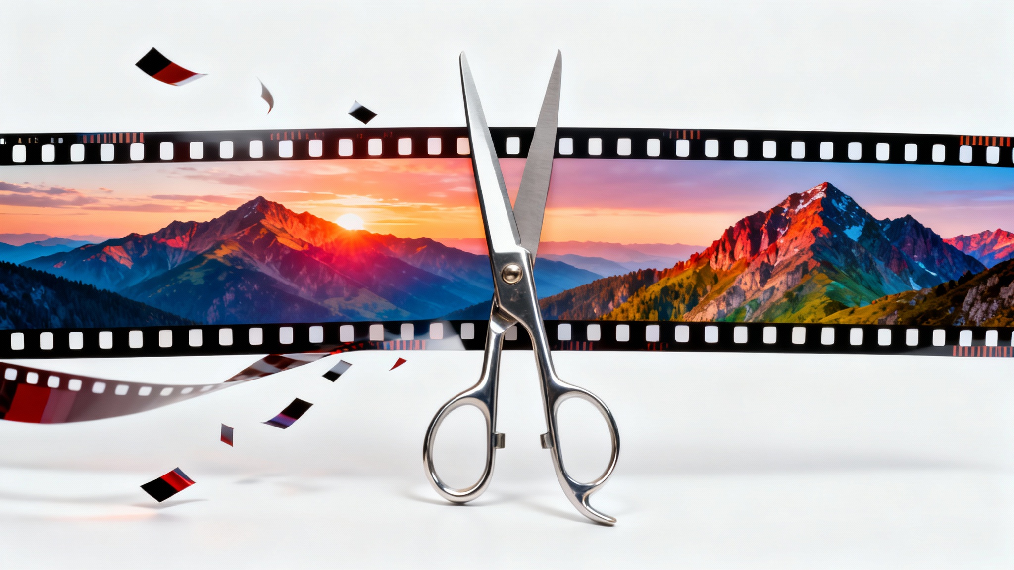 A conceptual image of video cropping, showing a pair of scissors trimming the top and bottom of a film strip against a white background.
