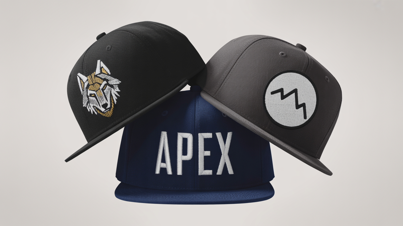 Three photorealistic mockups of snapback caps with custom designs, arranged dynamically against a light gray background. The designs include a geometric wolf logo, the word 'APEX' in typography, and a mountain range patch.