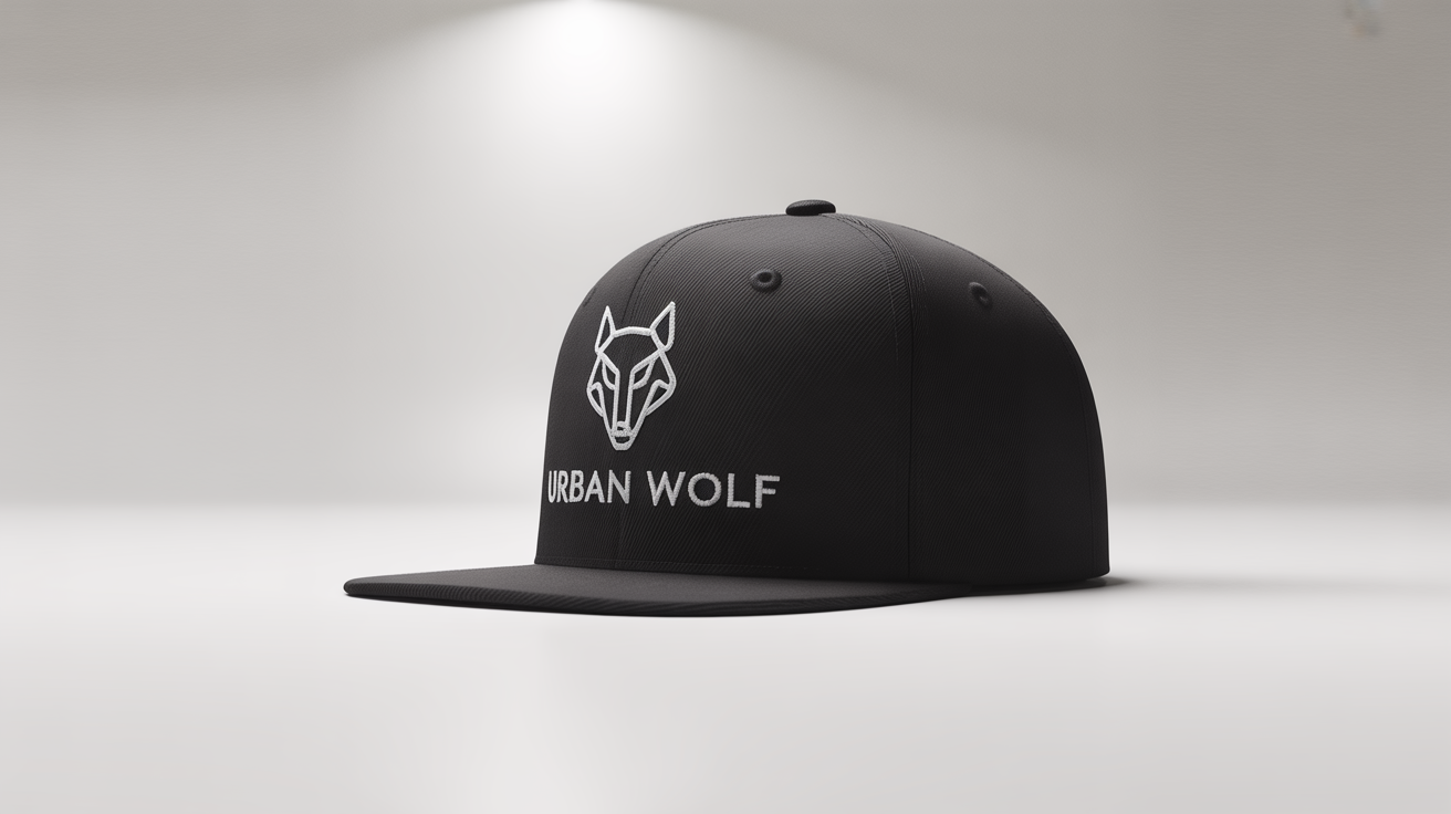 A professional product mockup of a black snapback cap with a flat brim, featuring a geometric wolf head logo and the text 'URBAN WOLF' embroidered on the front, set against a clean white background.