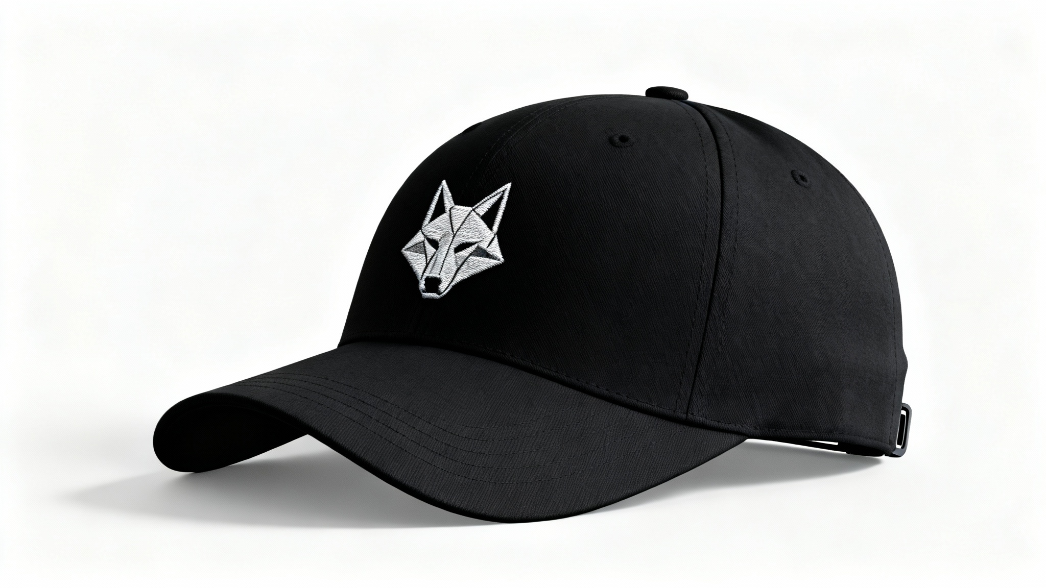 A photorealistic product mockup of a black snapback cap with a silver geometric wolf logo embroidered on the front, displayed against a clean white background.