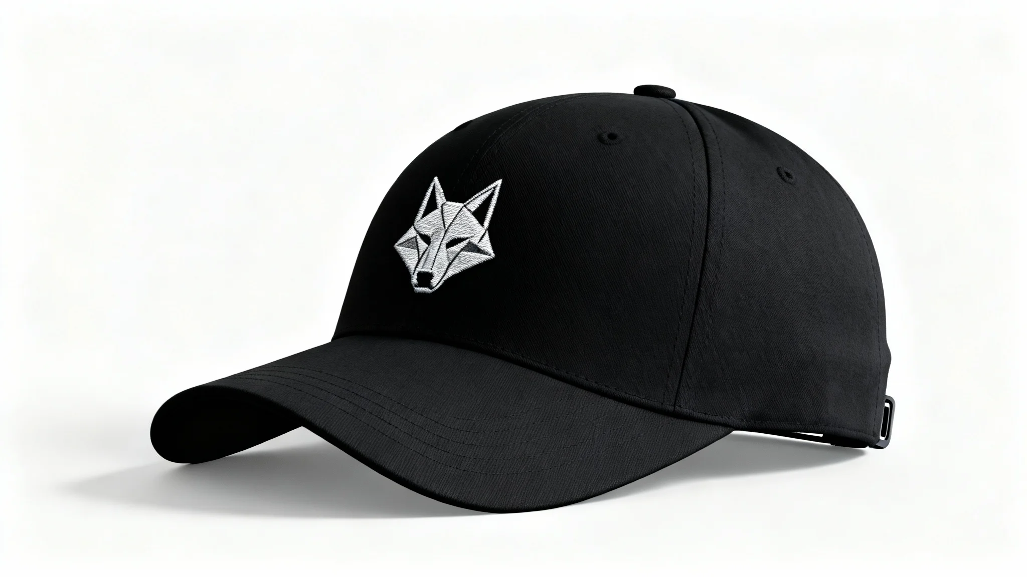 A photorealistic product mockup of a black snapback cap with a silver geometric wolf logo embroidered on the front, displayed against a clean white background.
