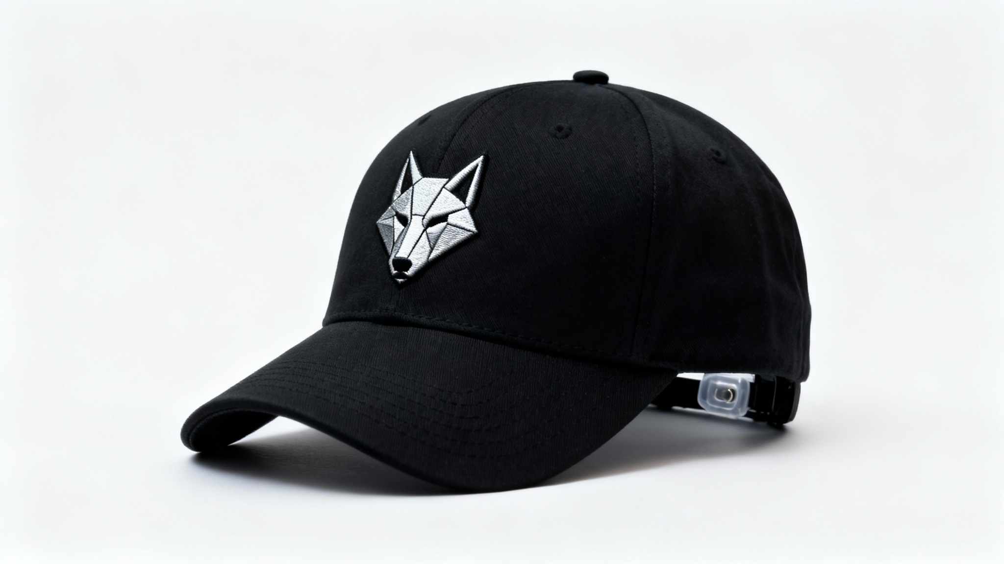 A professional product mockup of a black snapback cap with a silver embroidered geometric wolf logo, viewed from a three-quarter angle on a clean white background.