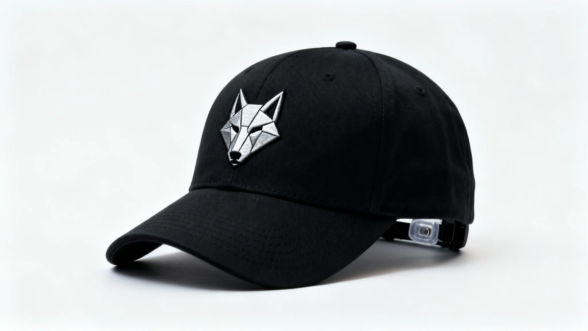 A professional product mockup of a black snapback cap with a silver embroidered geometric wolf logo, viewed from a three-quarter angle on a clean white background.