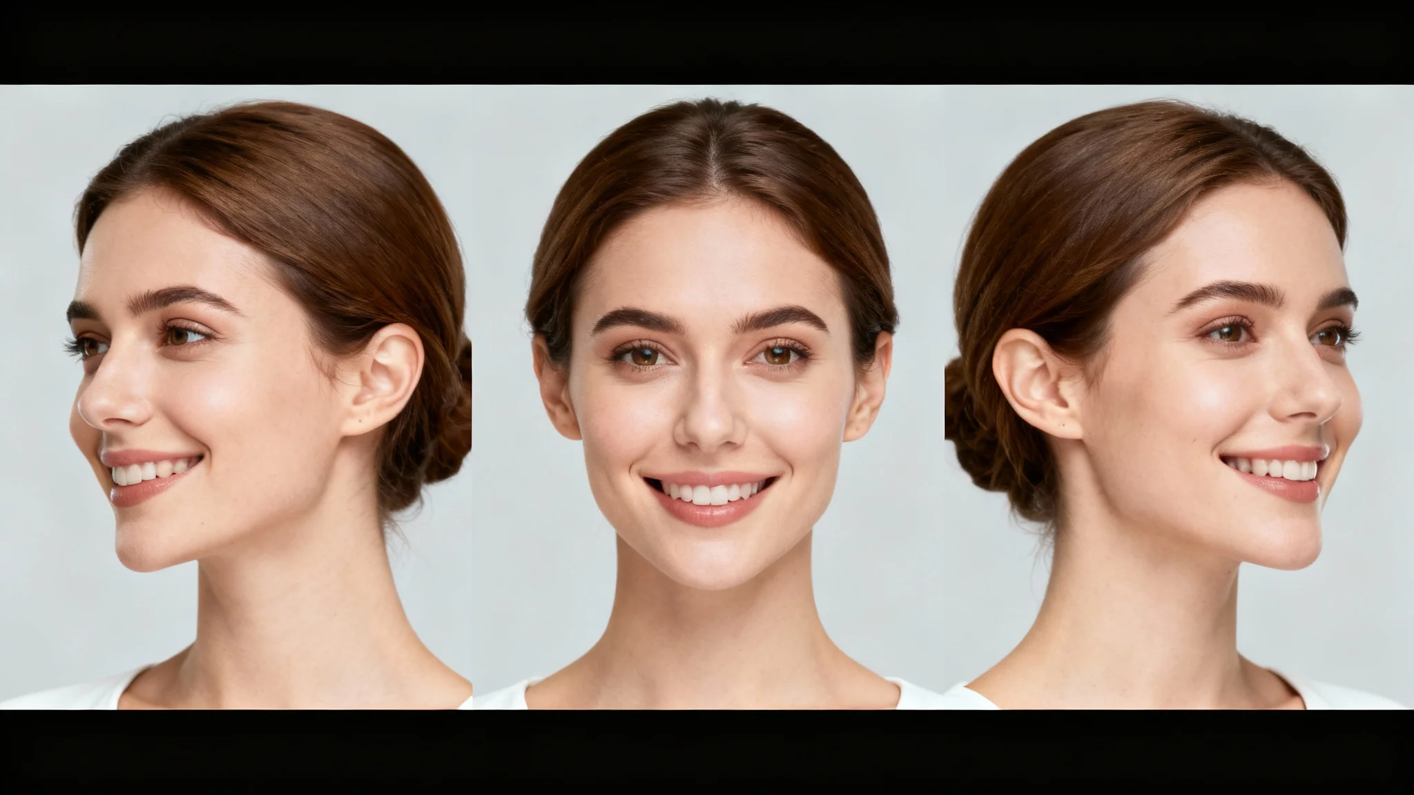 A sequence of three headshots of the same woman, demonstrating the result of a head pose editor. The woman looks left, then center, then right, against a neutral background.
