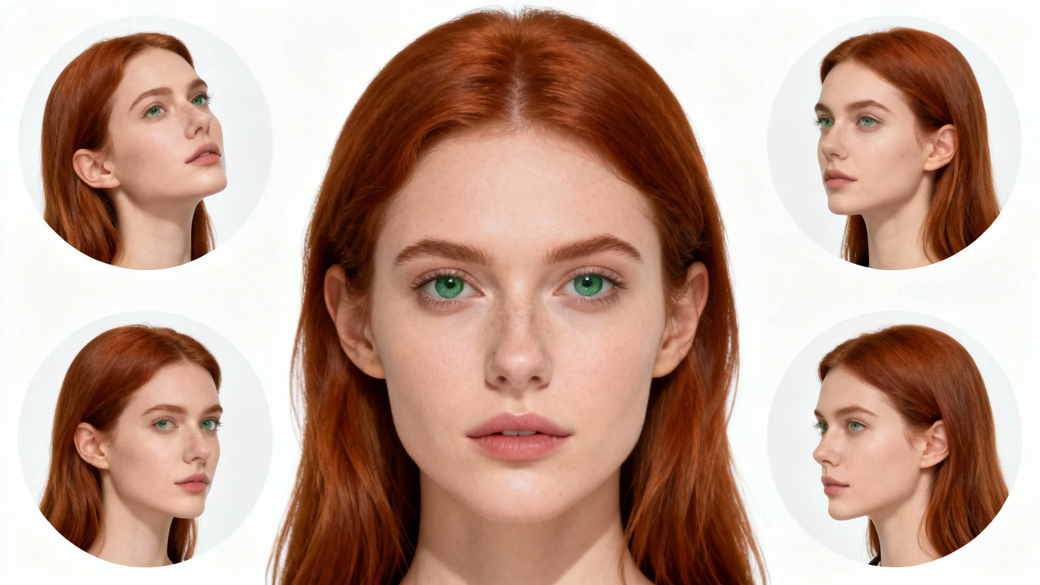 A composite image showing five portraits of the same woman against a white background, demonstrating different head poses. The main, central portrait shows her looking forward, while four smaller surrounding images show her head tilted up, down, left, and right.