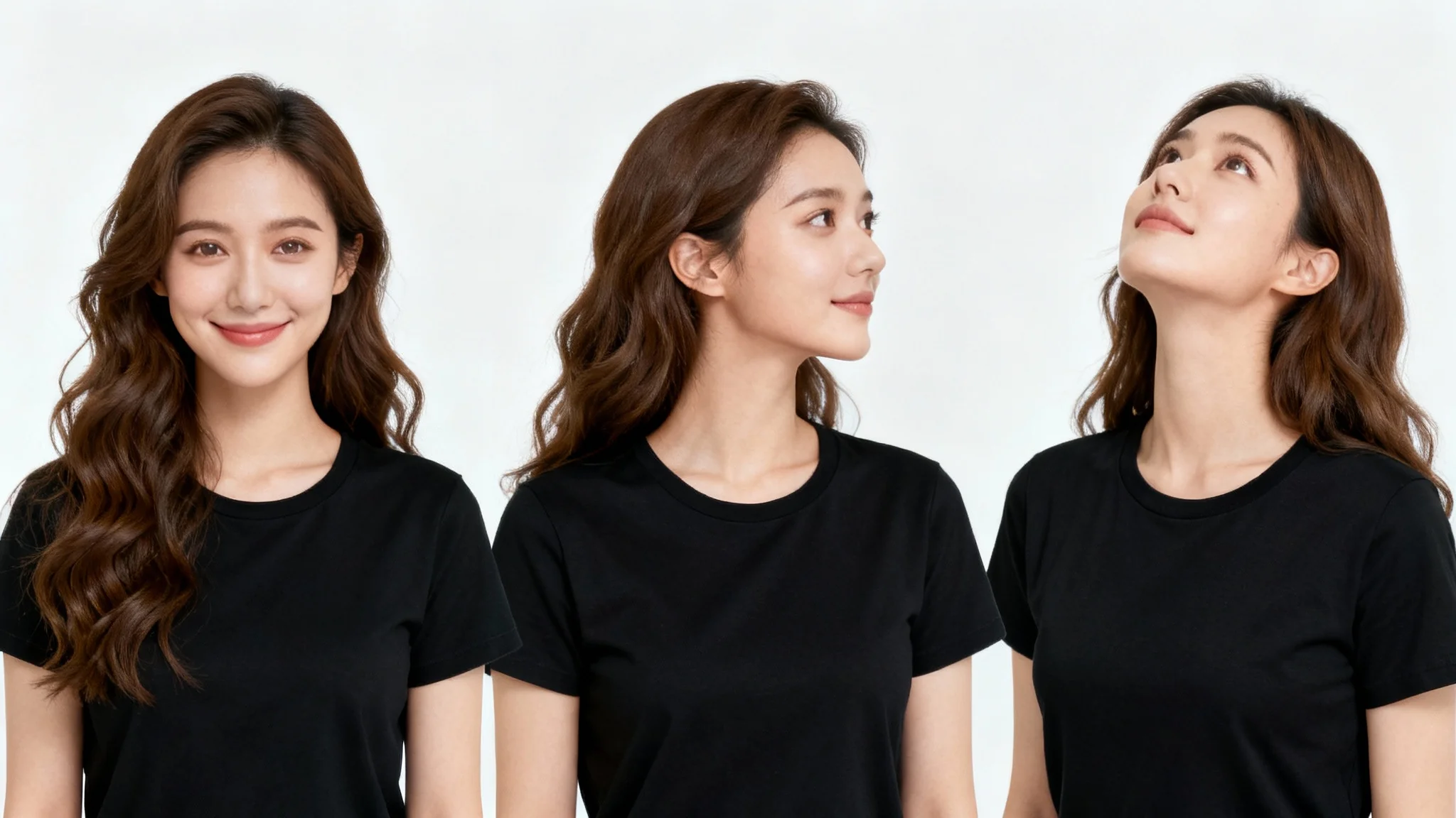 A sequence of three studio portraits of the same woman against a white background. The first shows her looking forward, the second shows her head turned to the side, and the third shows her looking up, illustrating the concept of a head pose editor.