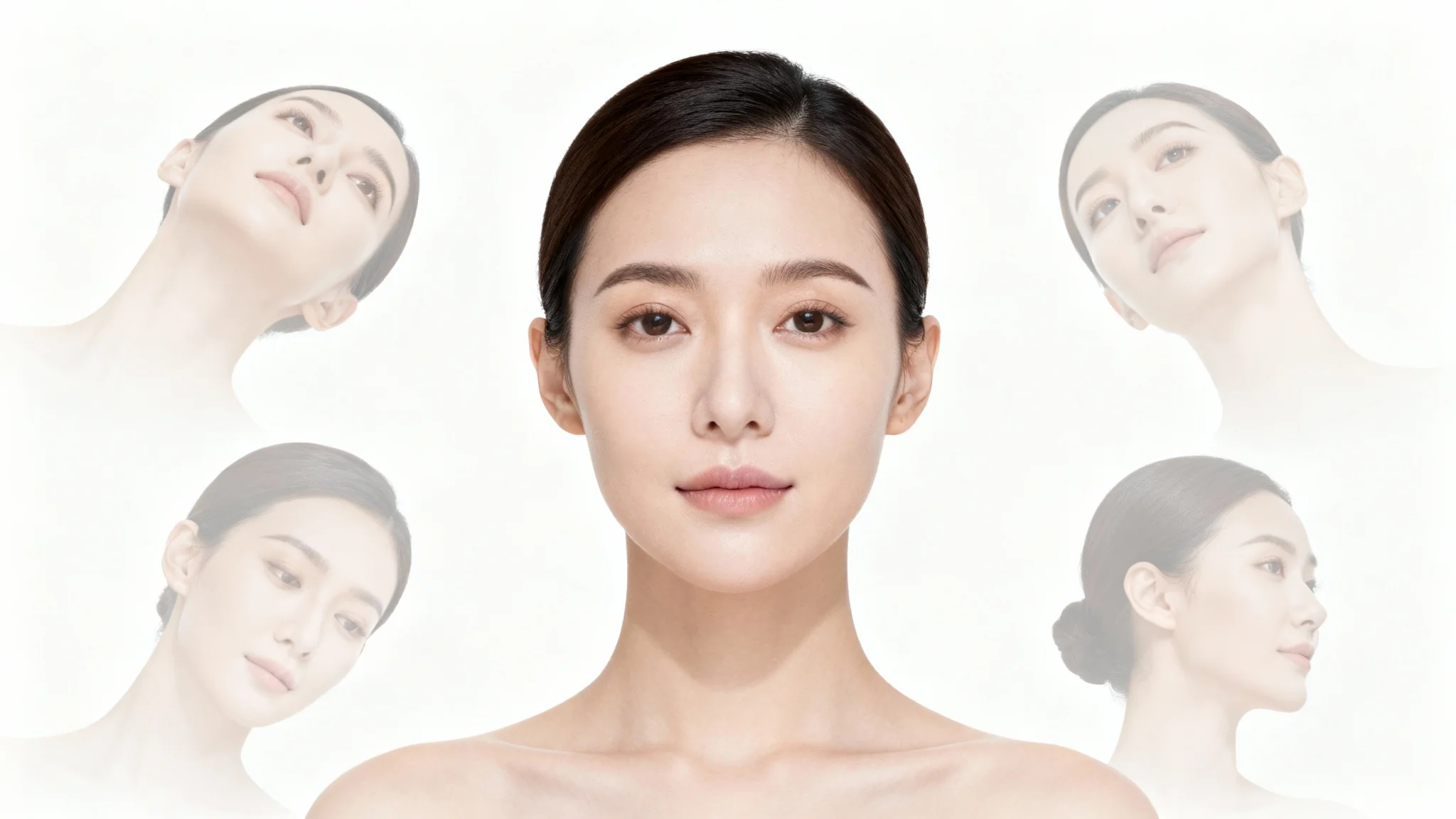 A mockup for a head pose editor showing a central portrait of a woman, with four other versions of her head around it in different poses (up, down, left, right) on a white background.