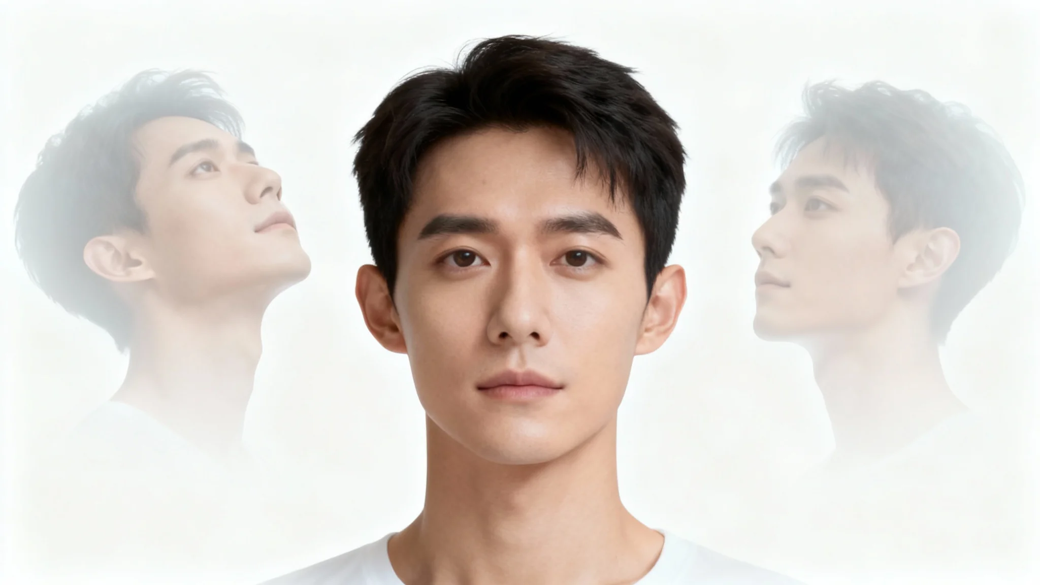 A central, realistic portrait of a person, surrounded by three faint versions of their head in different poses, symbolizing the functionality of a head pose editor.