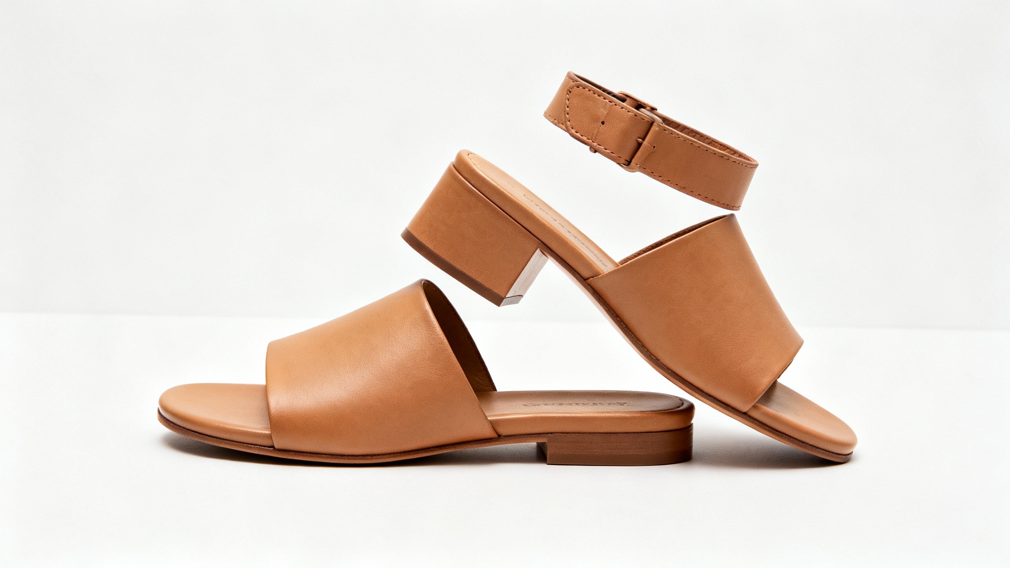A professional product photo showing a pair of tan leather slide sandals, one of which has been modified with a new, seamlessly integrated heel strap, displayed against a clean background.