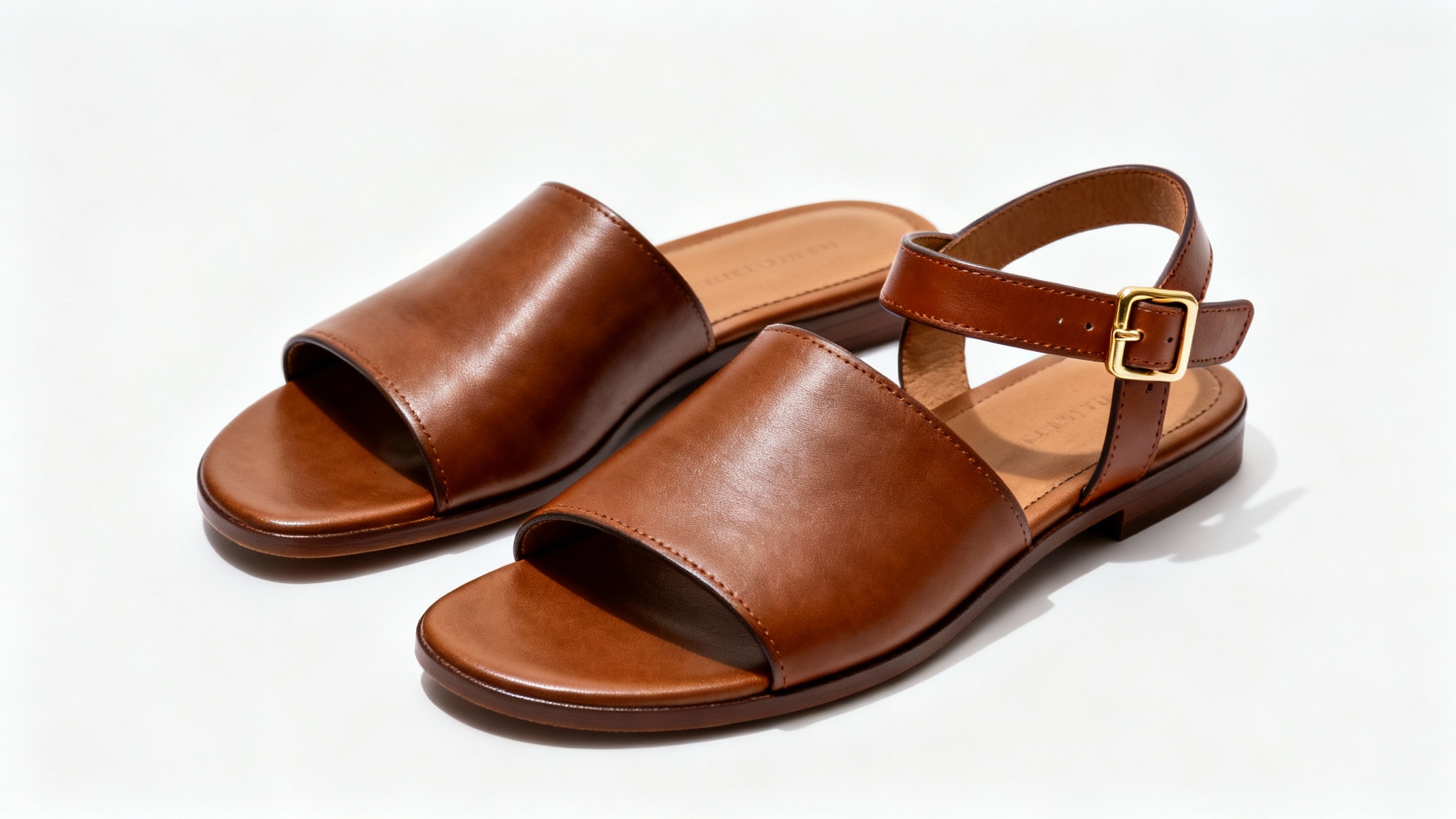 A side-by-side comparison of two brown leather sandals on a white background. One is a simple slide, while the other has a custom-added heel strap with a buckle for a more secure fit.