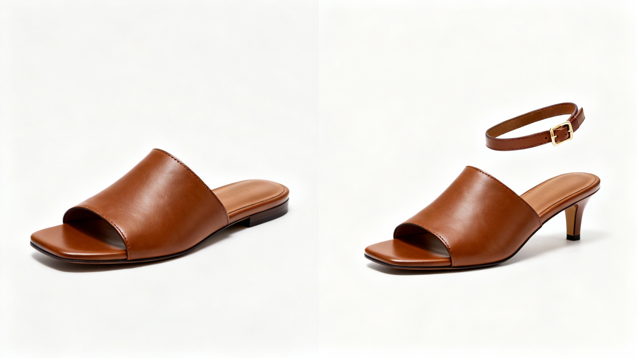 A side-by-side comparison of a brown leather sandal before and after a heel strap is added. The left image shows a slide sandal, and the right image shows the same sandal with a new heel strap for better support.