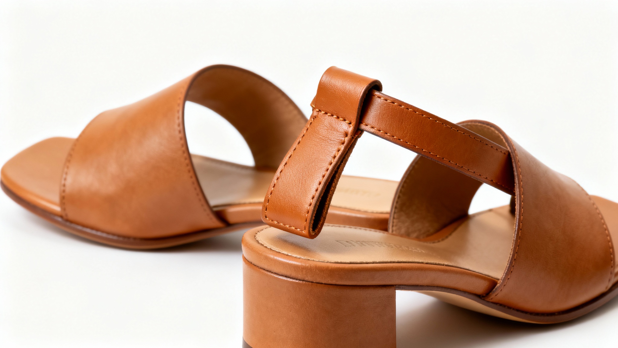 A close-up studio shot of a pair of tan leather sandals with newly added heel straps, shown on a clean white background.