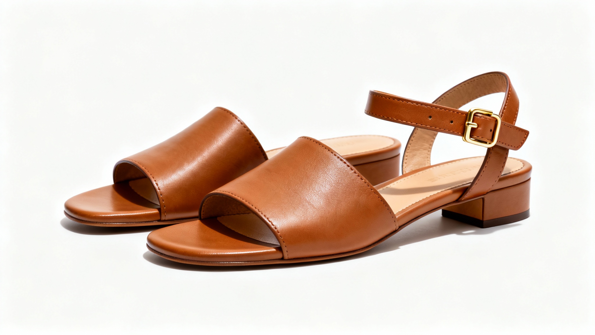 A pair of tan leather sandals on a white background, with one sandal modified to show a newly added heel strap for comparison.