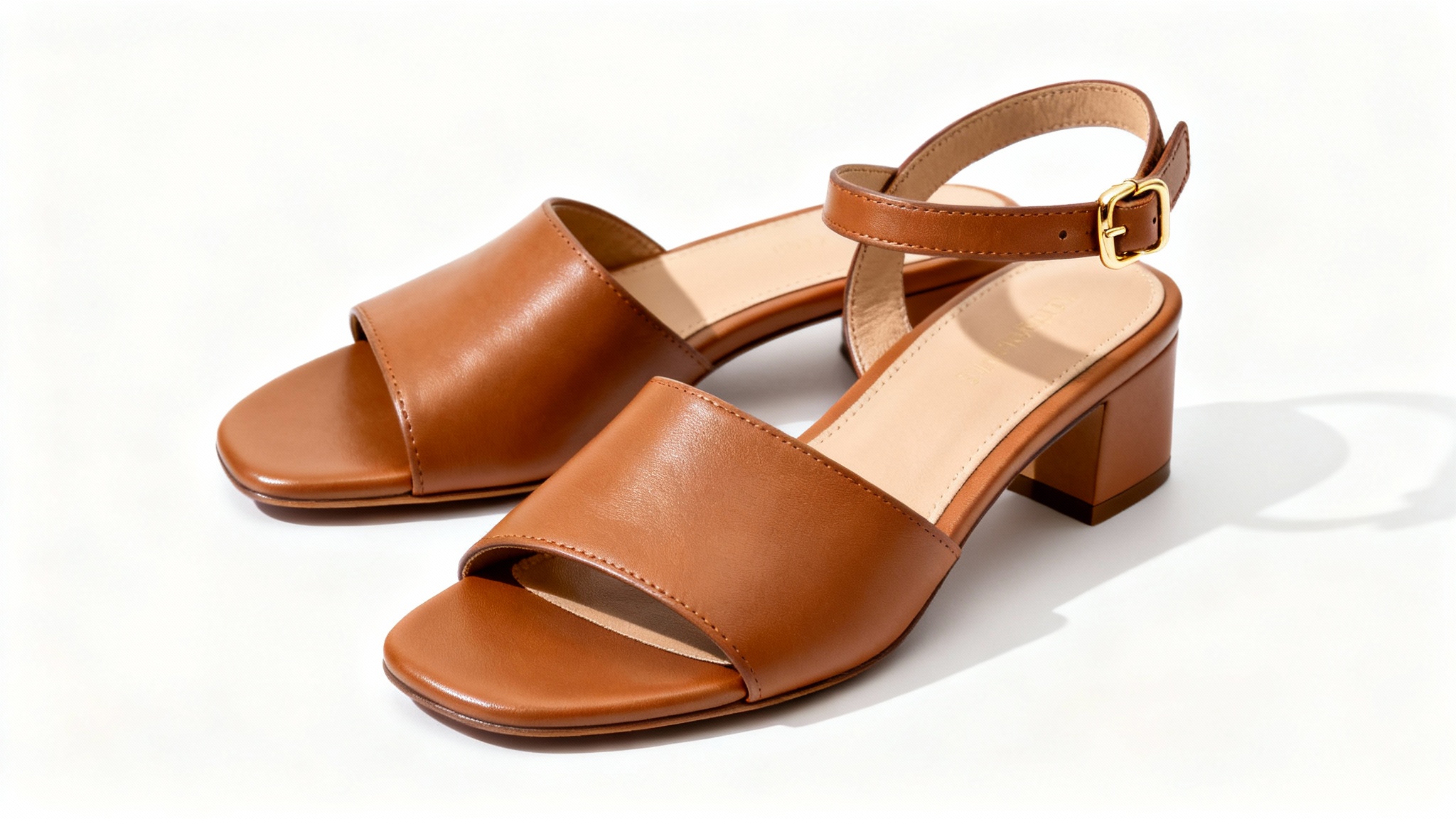 A side-by-side comparison of two tan leather sandals on a white background; one is a simple slide, and the other has a newly added heel strap with a buckle.