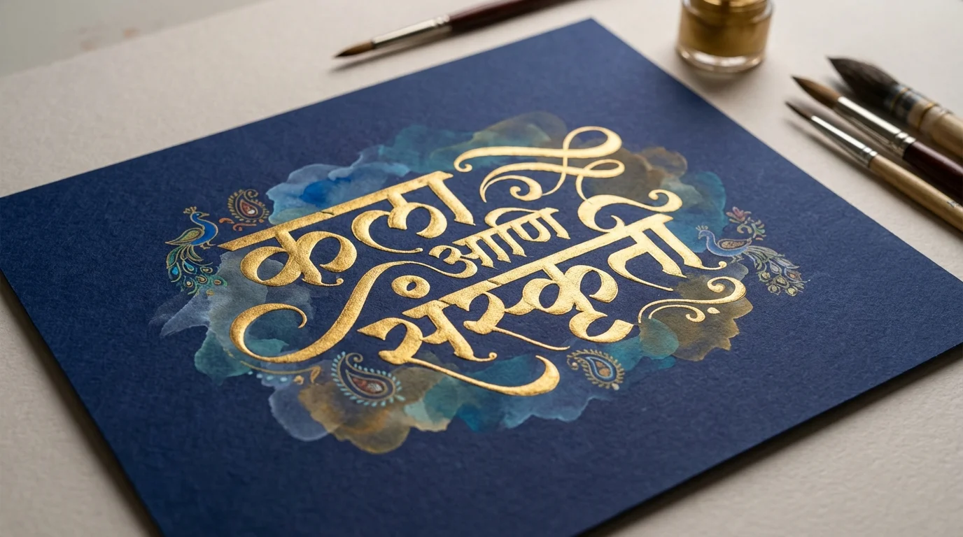 A beautifully designed digital artwork featuring the Marathi phrase 'कला आणि संस्कृती' (Art and Culture) in elegant, golden calligraphy on a dark indigo textured background, representing a finished piece from a calligraphy tool.