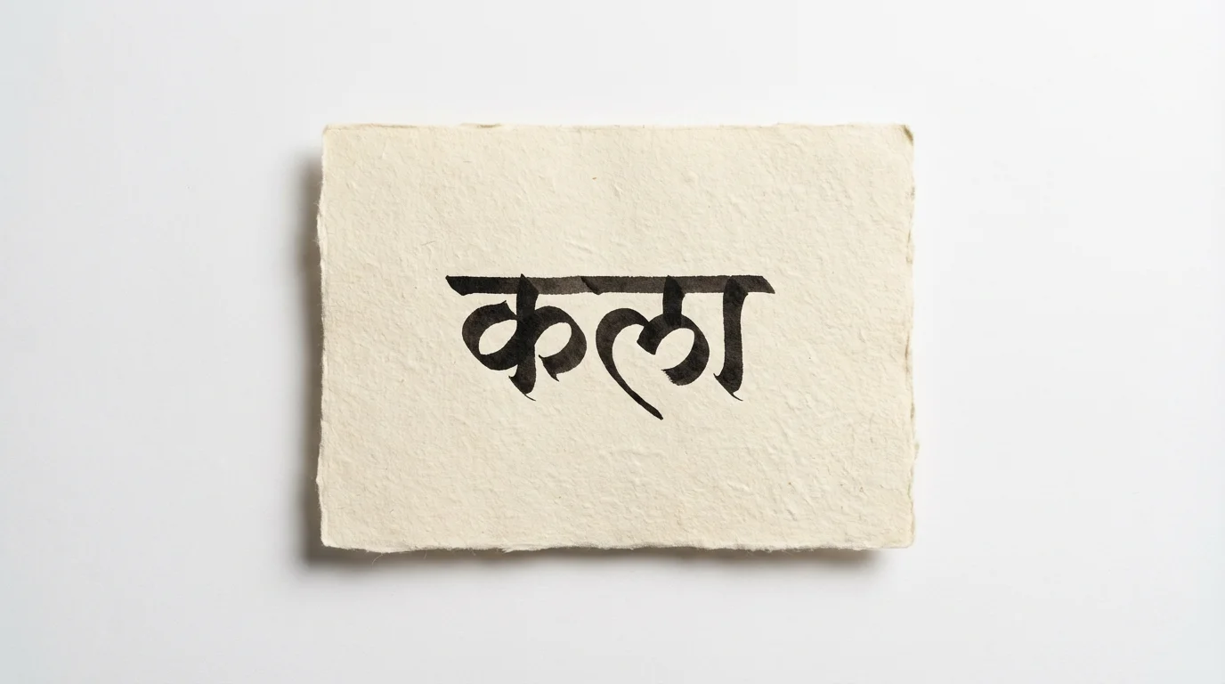 A piece of textured paper with the Marathi word for 'Art' (Kala) written in beautiful, flowing black calligraphy, presented as a mockup on a plain white background.