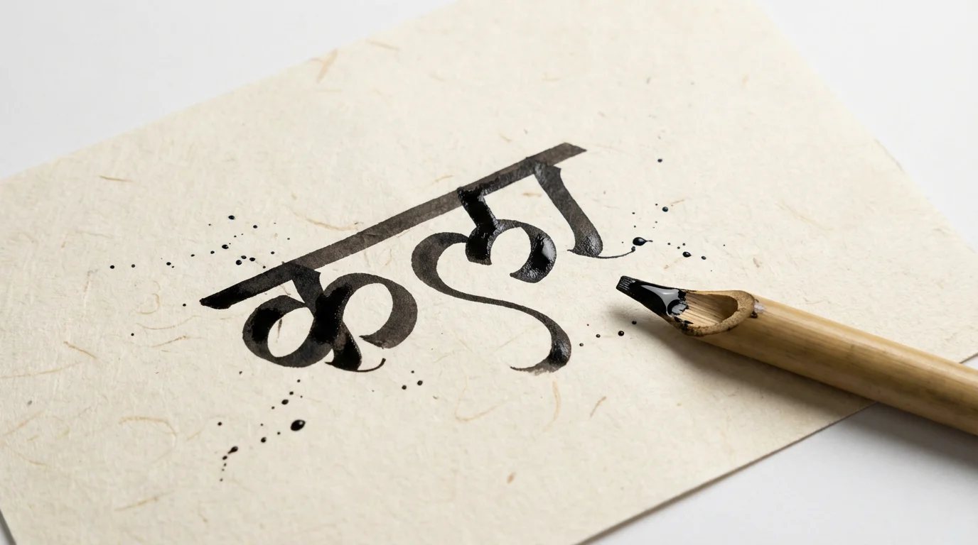 A beautiful mockup of Marathi calligraphy, showing the word 'कला' (Art) written in elegant black ink on textured paper. A traditional pen rests beside it on a clean white background.