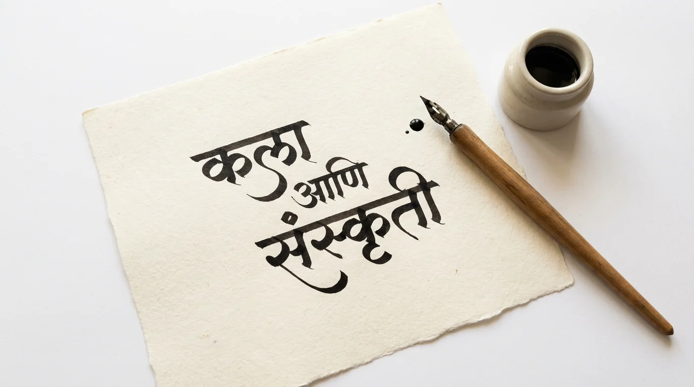 An elegant display of Marathi calligraphy reading 'Kala aani Sanskruti' on textured cream paper, accompanied by a traditional calligraphy pen and inkpot, all set against a clean white background.