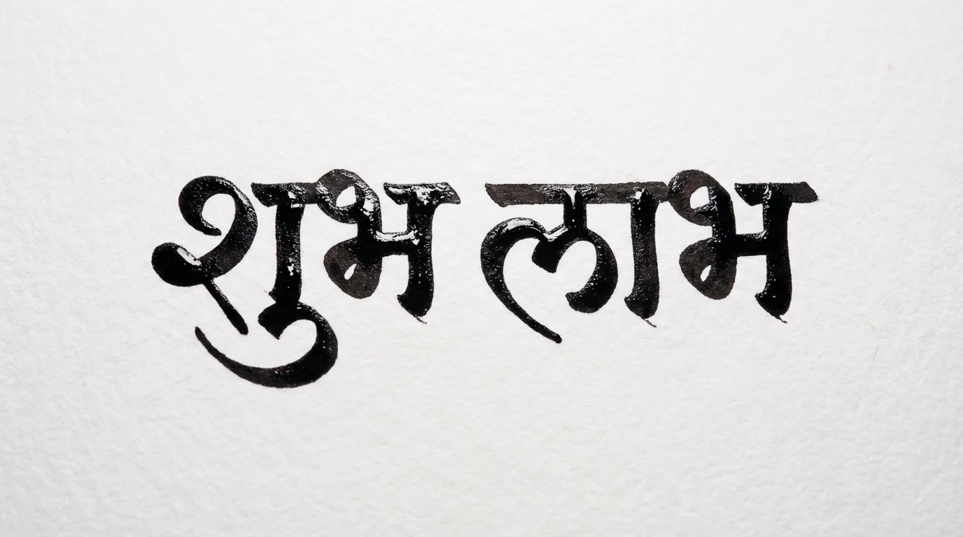 A close-up image showcasing elegant Marathi calligraphy. The words 'Shubh Labh' are beautifully written in glossy black ink on a textured white paper, set against a plain white background.