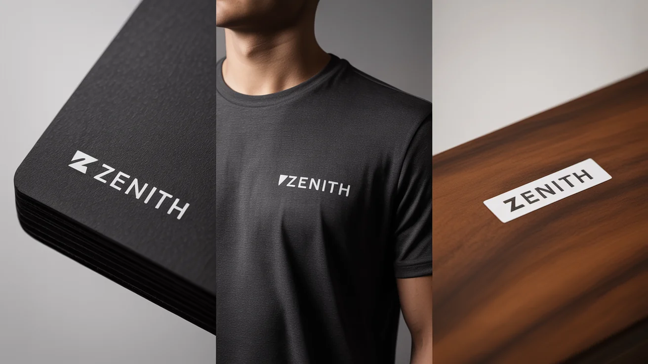 A professional collage of mockups showing a white logo for the brand 'ZENITH' on a black business card, a dark gray t-shirt, and a dark wood surface, showcasing its use on different materials.