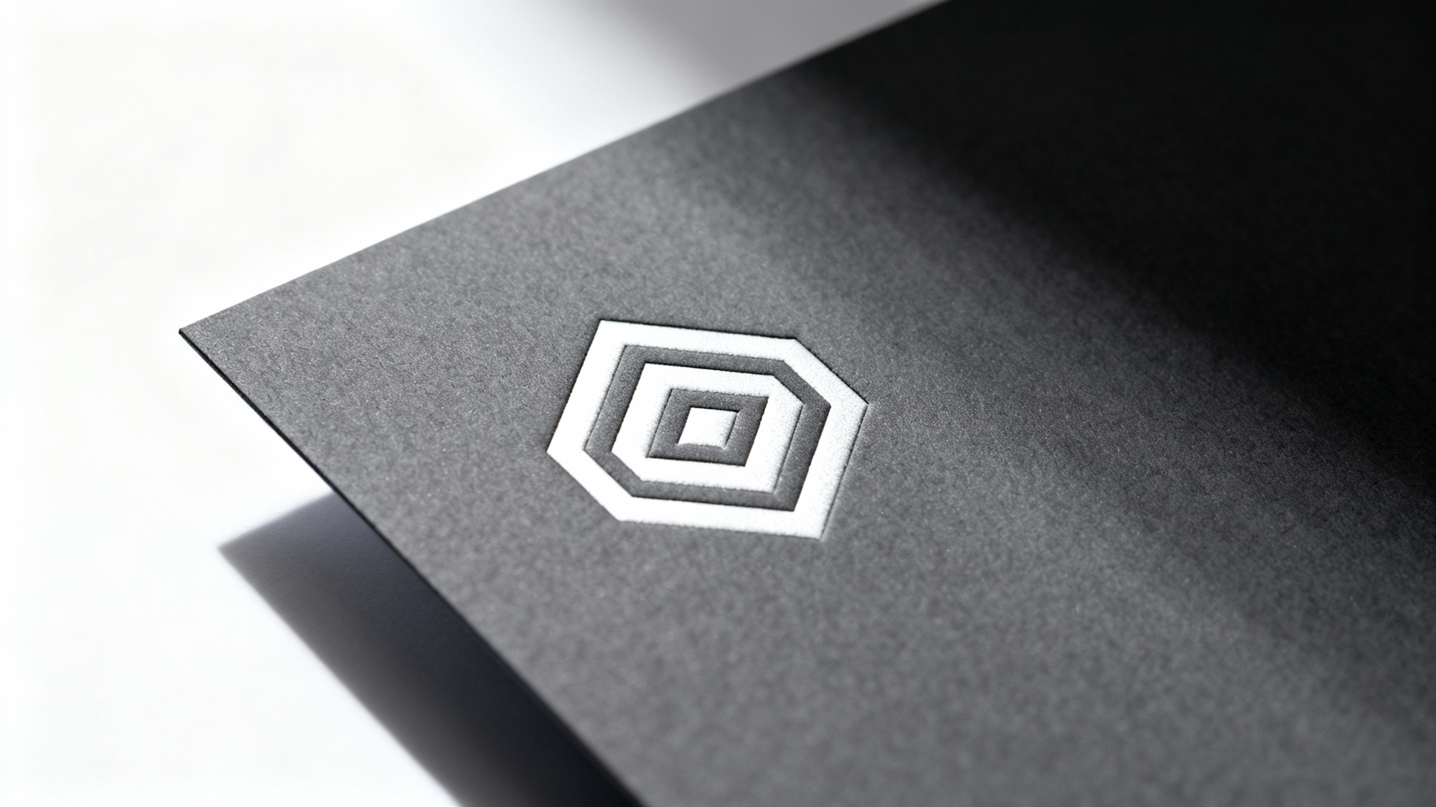 A photorealistic mockup of a minimalist white geometric logo, embossed on a dark gray textured card, isolated against a pure white background.