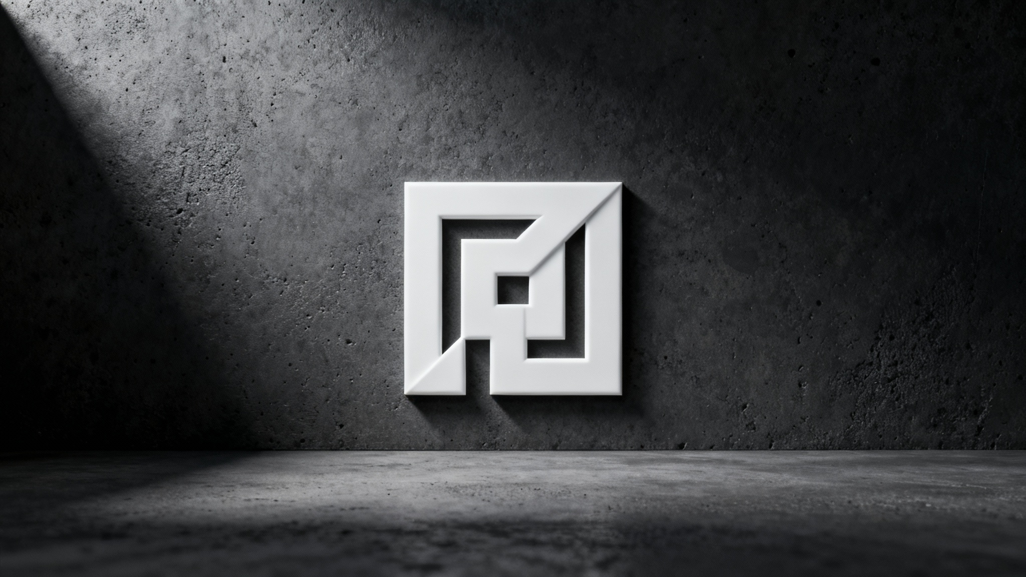 A professional 3D mockup of a minimalist white geometric logo mounted on a dark gray textured wall, creating a modern and sophisticated brand look.