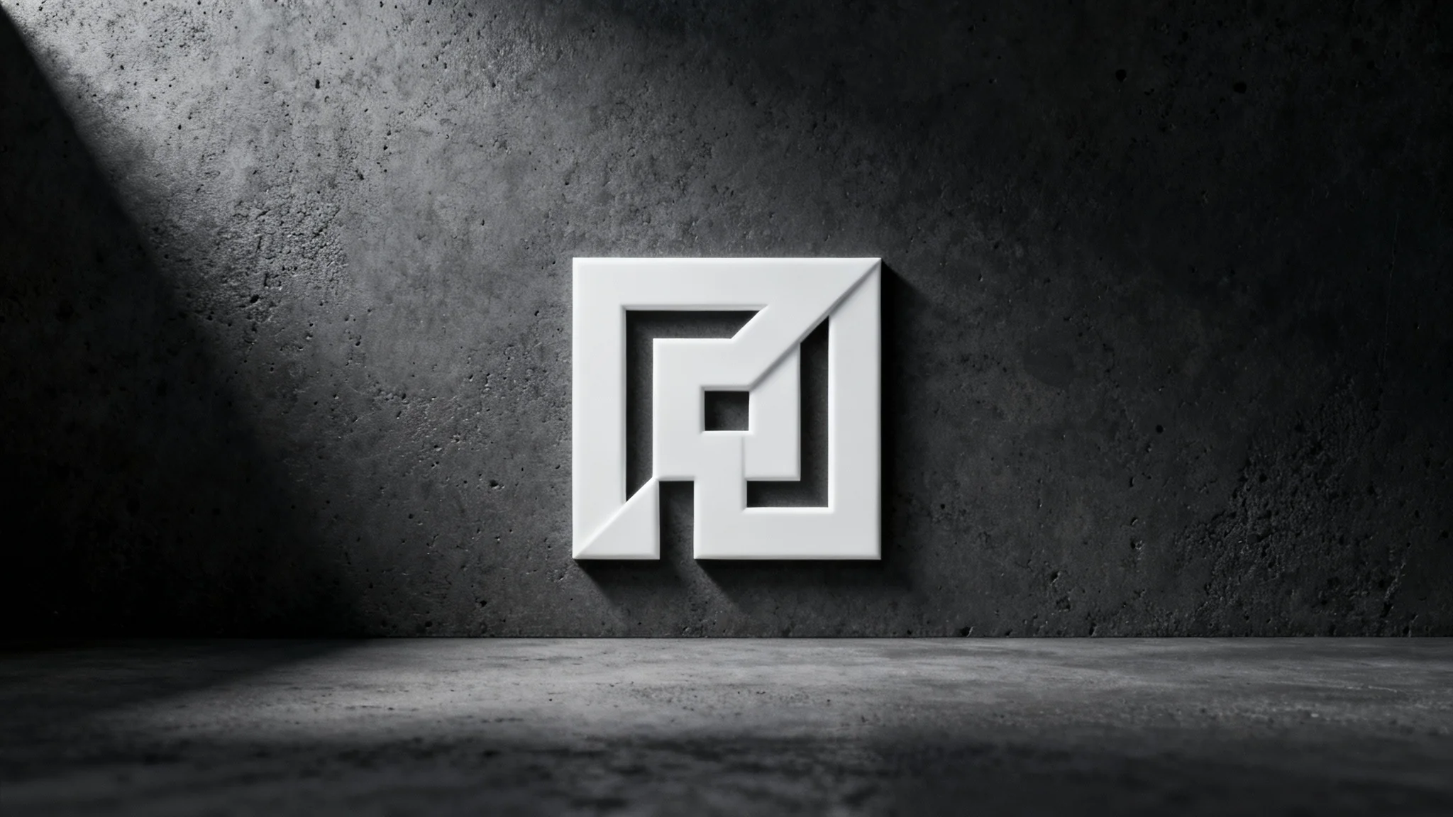 A professional 3D mockup of a minimalist white geometric logo mounted on a dark gray textured wall, creating a modern and sophisticated brand look.