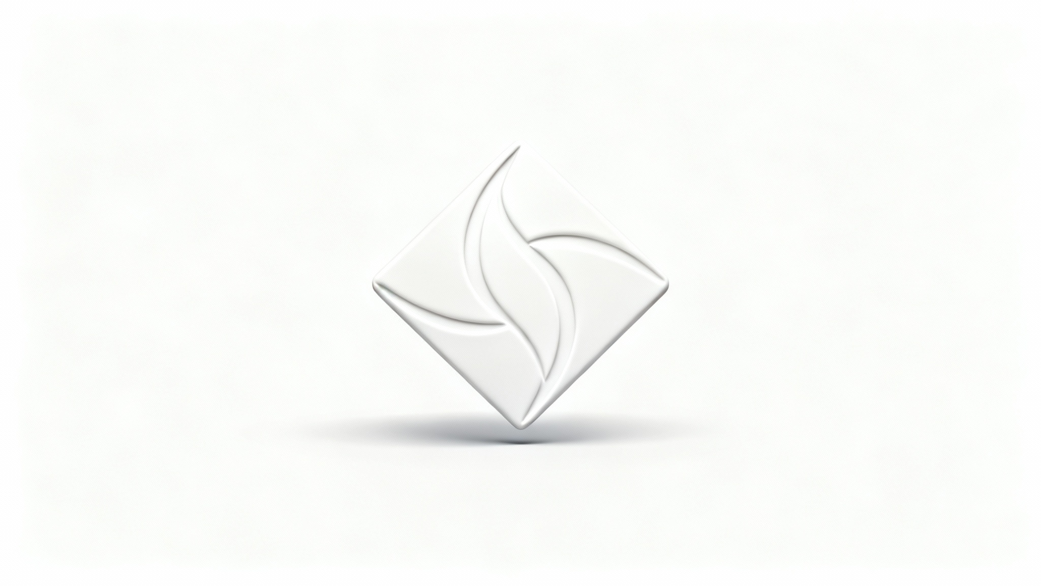 A professional mockup of a modern, minimalist white logo with a subtle 3D effect, centered on a clean white background.