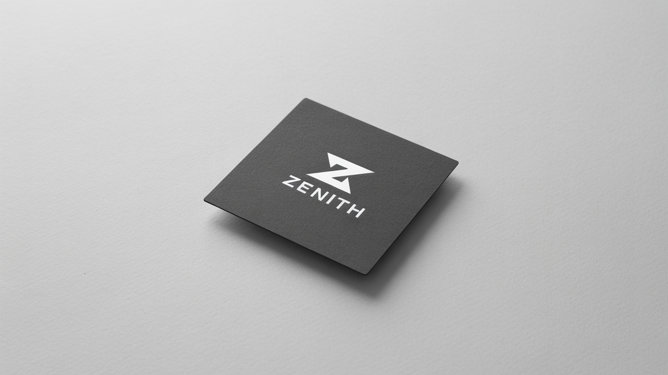 A minimalist mockup of a matte black square cardstock featuring a crisp white geometric logo and the word 'ZENITH', set against a plain white background.
