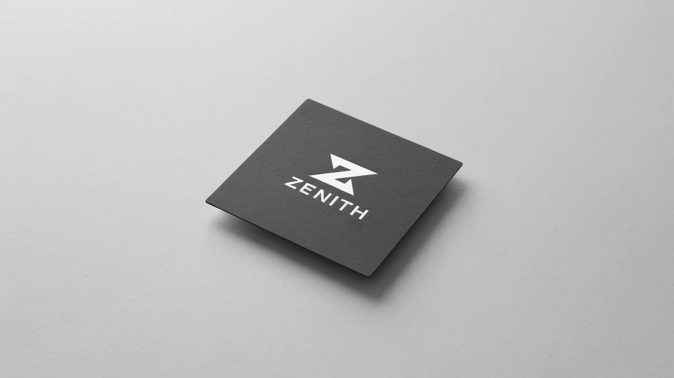 A minimalist mockup of a matte black square cardstock featuring a crisp white geometric logo and the word 'ZENITH', set against a plain white background.