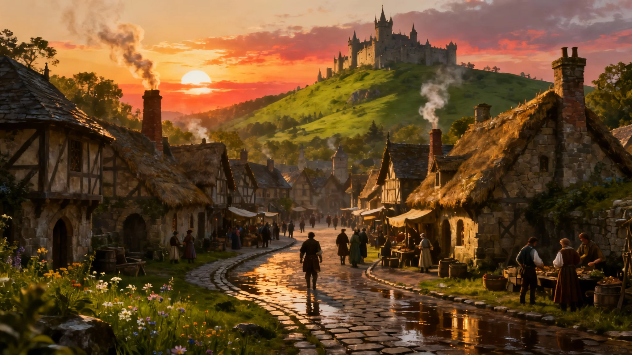 A stunning, cinematic hero image of a vibrant medieval village during a golden sunset, featuring detailed stone houses, a busy marketplace, and a distant castle on a hill.