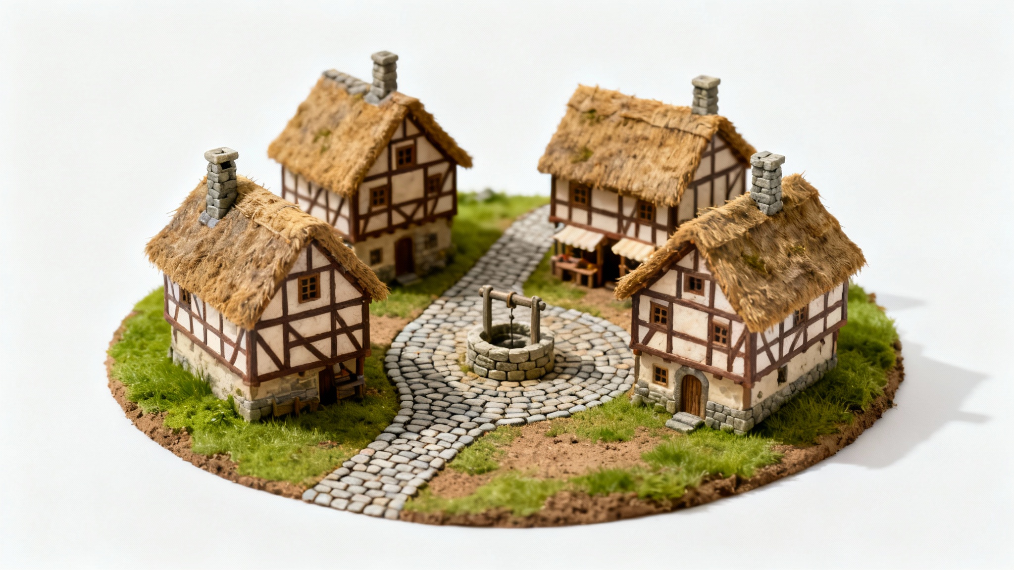 A detailed miniature model of a medieval village, featuring half-timbered houses and a cobblestone path, presented as a diorama on a white background.