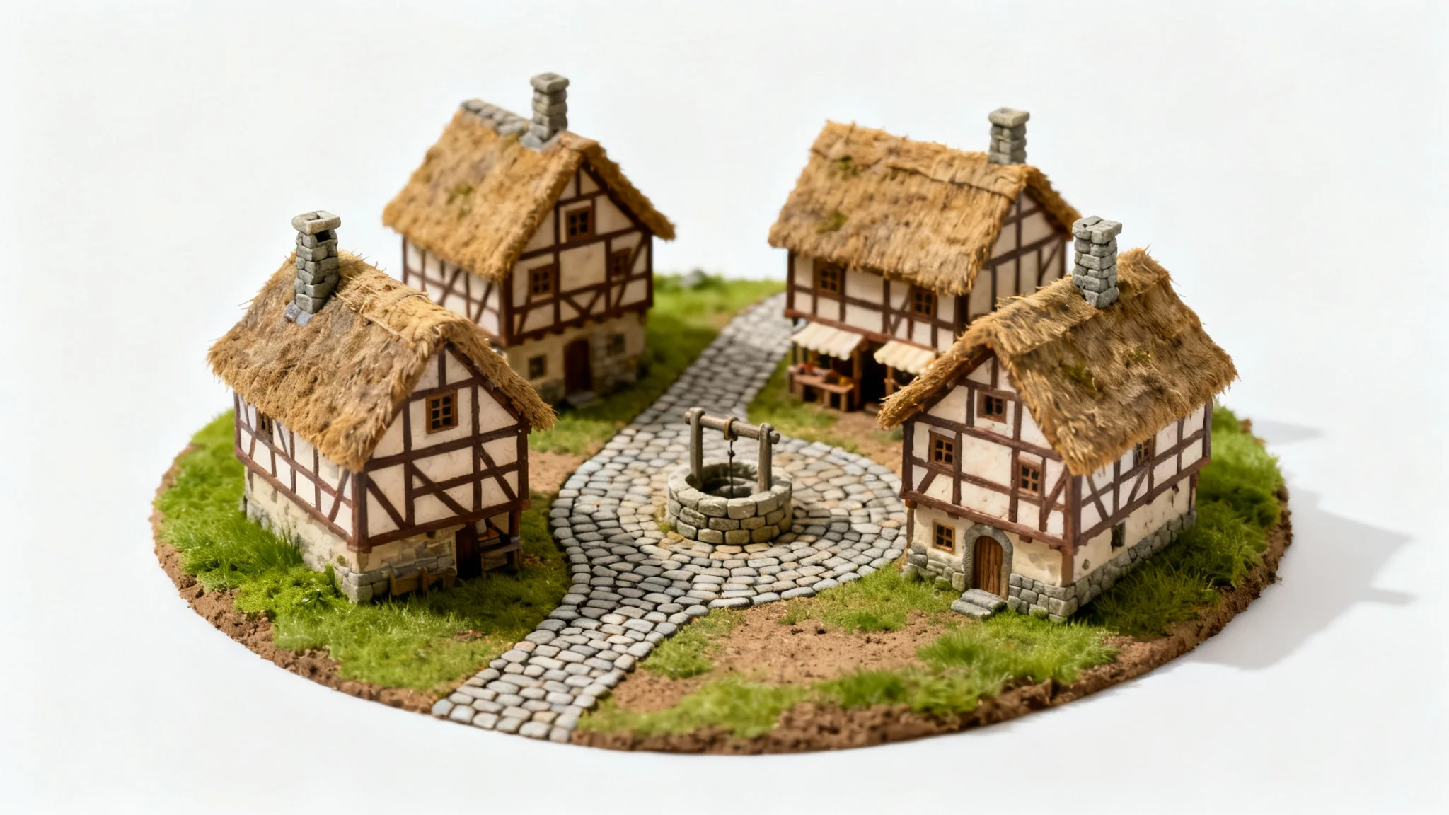 A detailed miniature model of a medieval village, featuring half-timbered houses and a cobblestone path, presented as a diorama on a white background.