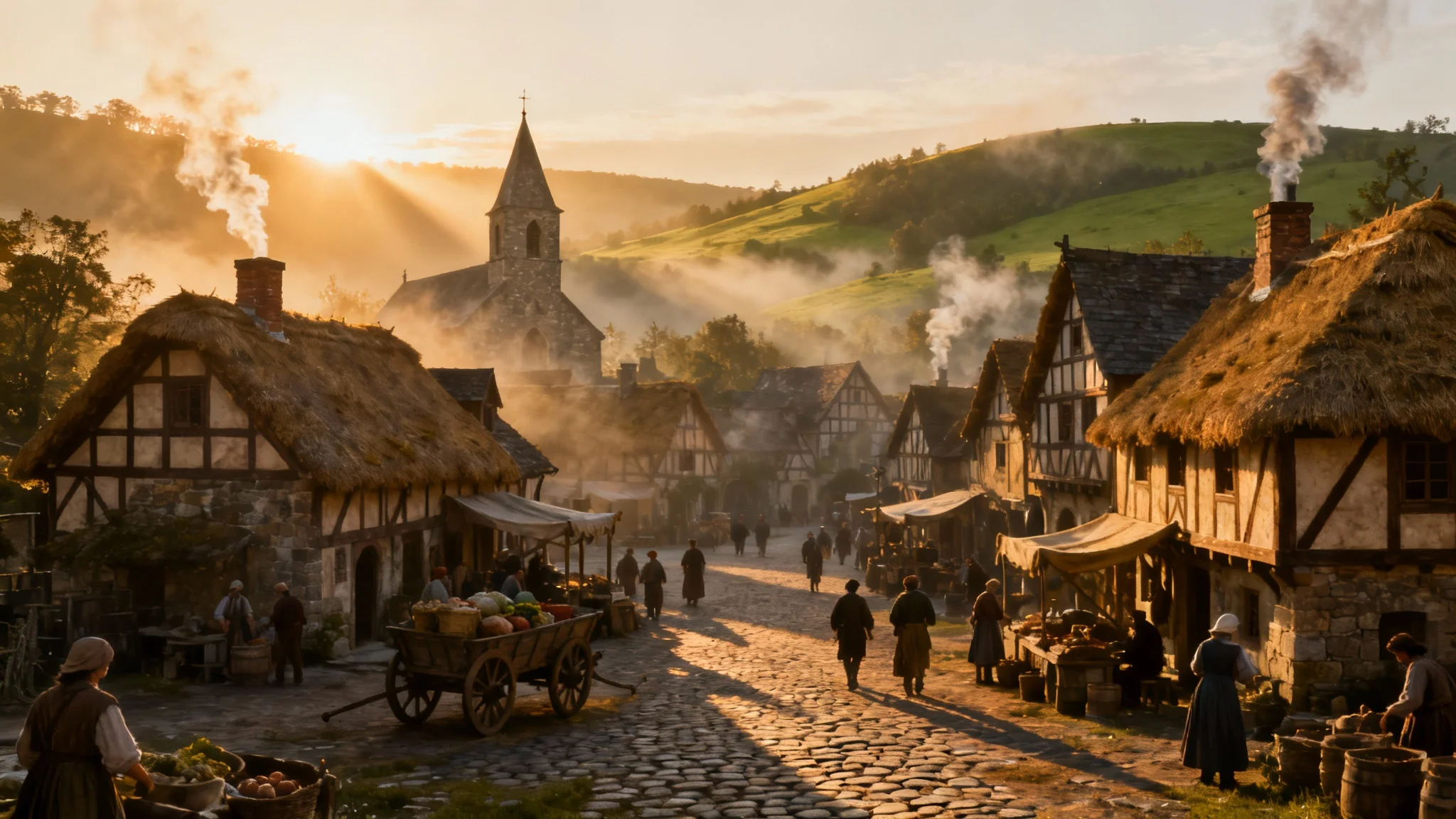A picturesque medieval village in the early morning, with half-timbered houses, cobblestone streets, and rolling green hills in the background.