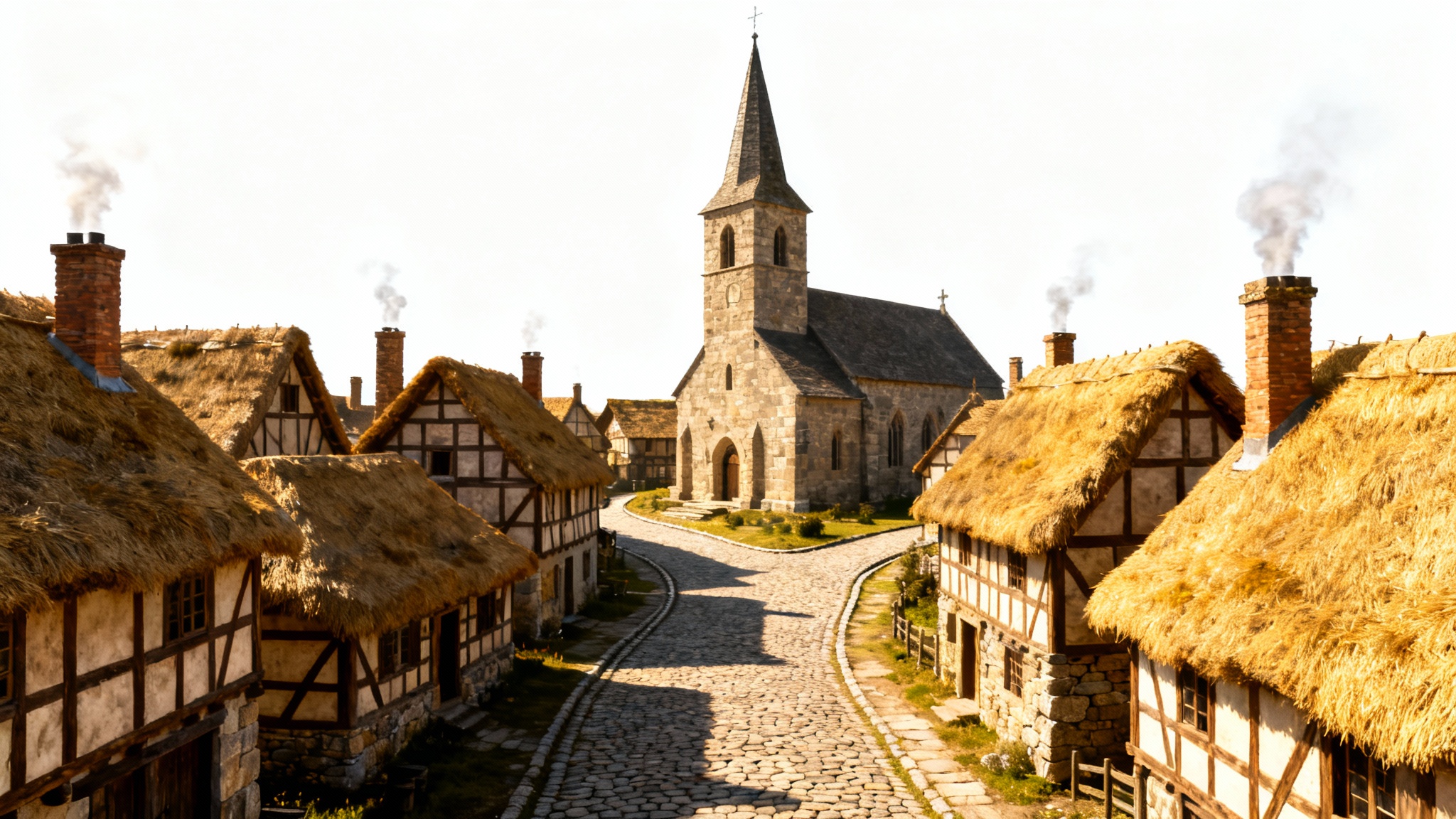 A photorealistic depiction of a quaint medieval village with half-timbered houses and a stone church, set against a clean white background.