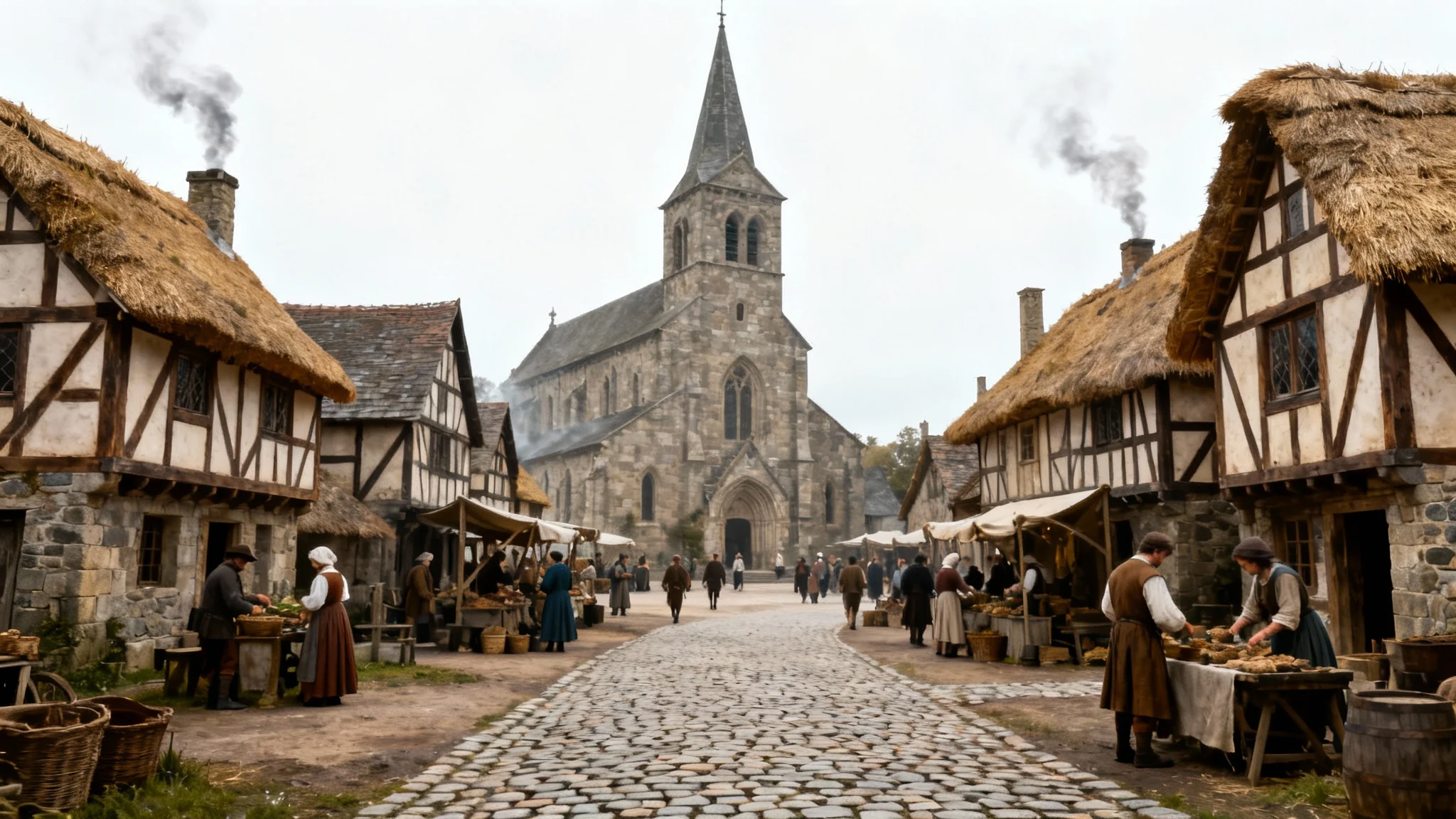 A photorealistic mockup of a medieval village with half-timbered houses, a stone church, and a cobblestone path, all set against a stark white background.