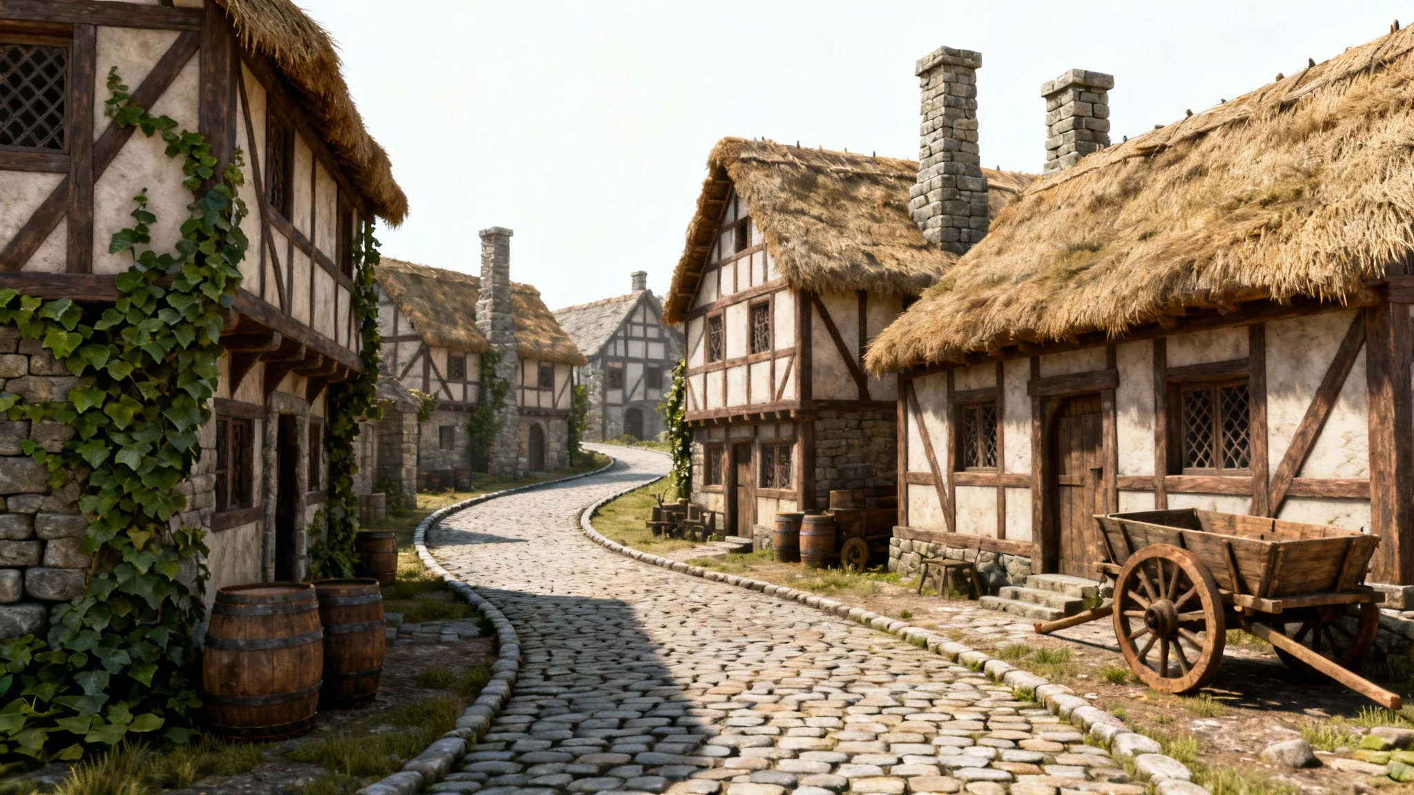 A detailed 3D model of a charming medieval village with timbered houses and a cobblestone path, displayed against a solid white background.