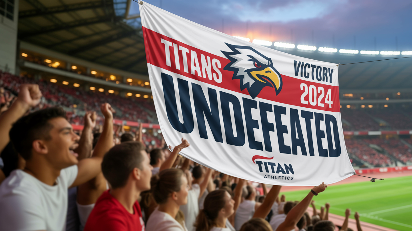 A photorealistic image of a large, professionally designed 'TITANS VICTORY 2024' banner hanging in a packed stadium during an evening game, showcasing the final result of a design template.