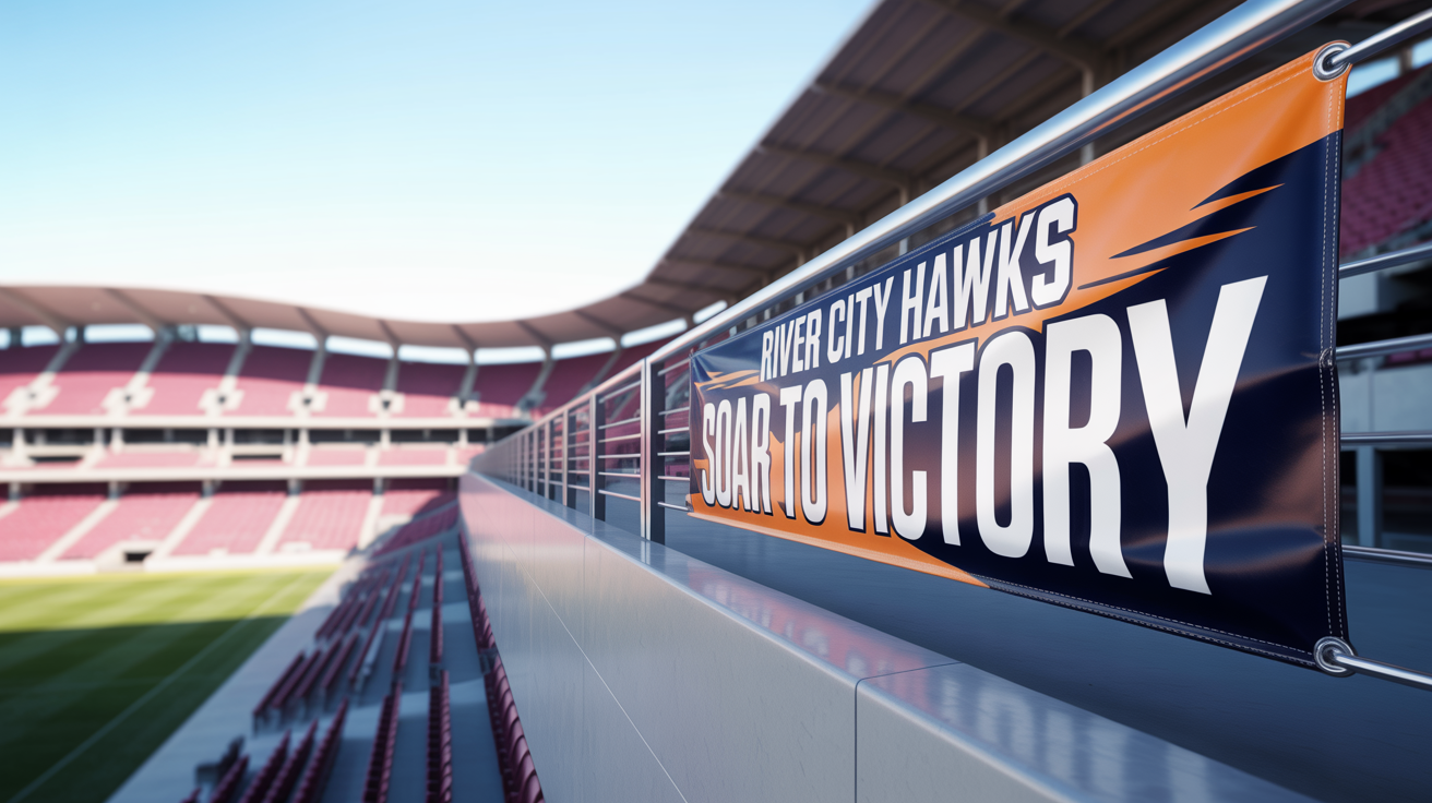 A photorealistic mockup of a large navy blue and orange stadium banner for the fictional 'River City Hawks' hanging in a modern stadium.