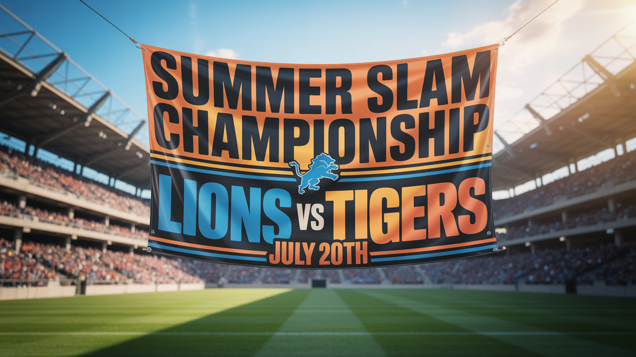 A realistic mockup of a large horizontal banner for the 'SUMMER SLAM CHAMPIONSHIP' hanging in a bright, modern sports stadium.