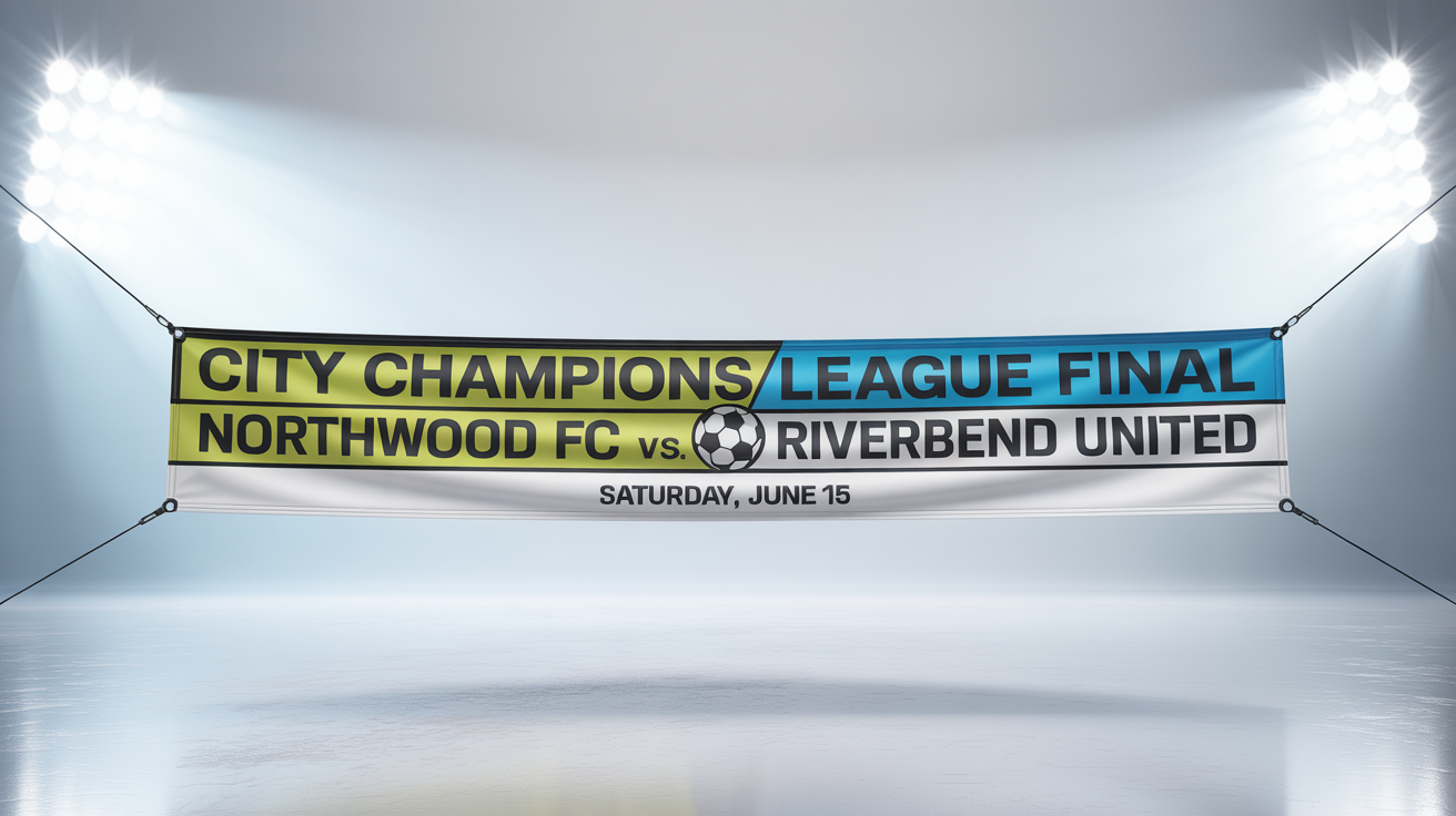A professional mockup of a large, horizontal vinyl stadium banner for a fictional soccer championship, 'City Champions League Final', set against a plain white background.