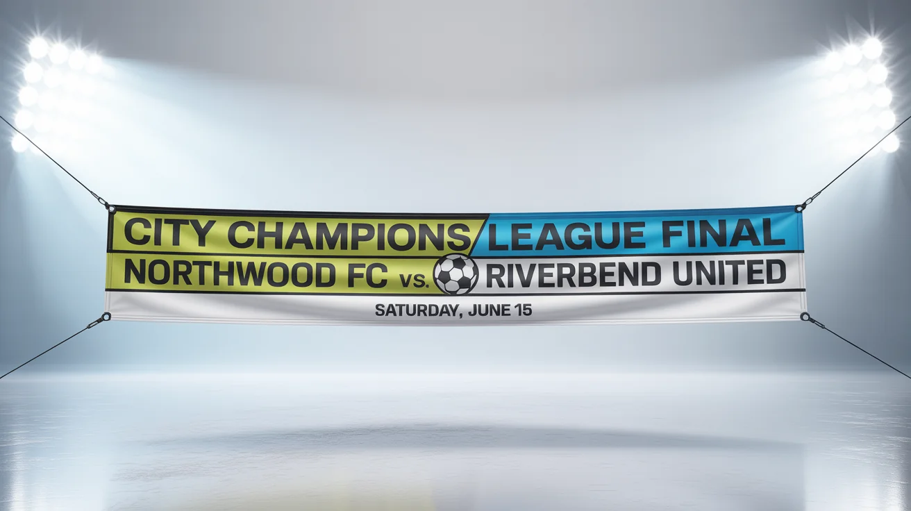 A professional mockup of a large, horizontal vinyl stadium banner for a fictional soccer championship, 'City Champions League Final', set against a plain white background.