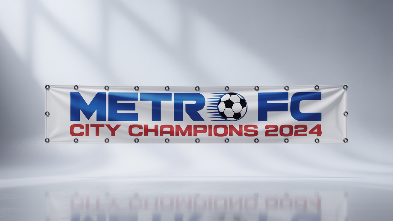 A mockup of a professional, horizontal stadium banner for a fictional soccer team named 'Metro FC', shown against a clean white background.