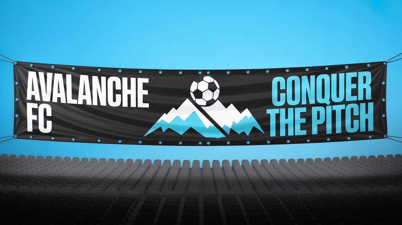 A mockup of a large horizontal stadium banner for a fictional soccer team, 'Avalanche FC', featuring a mountain logo and the slogan 'Conquer the Pitch', displayed across stadium seating.