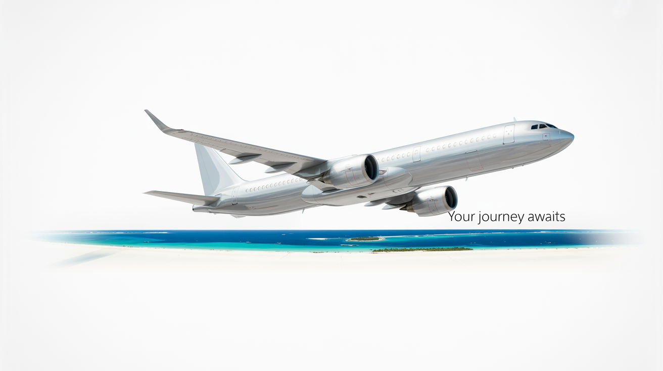 A travel advertisement showing the final designed result, featuring a clean cutout of a modern airplane flying over a beautiful tropical ocean scene, with the text 'Your Journey Awaits'.